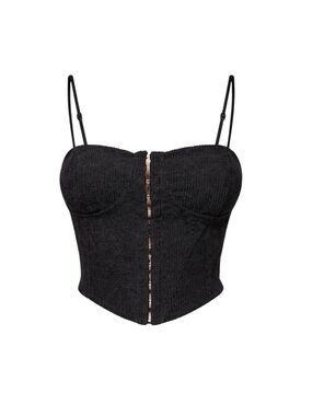 90s Black Corduroy Corset Top Hook Eye Closure Y2K Indie Sleaze Dark Coquette M